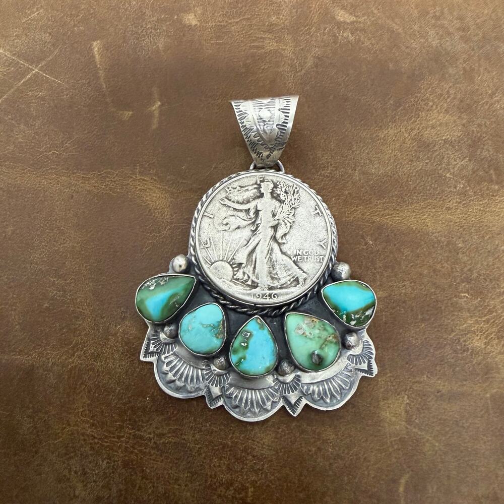 1942 Silver Walking Liberty Coin with Sonoran Gold Turquoise Navajo Handmade BJA